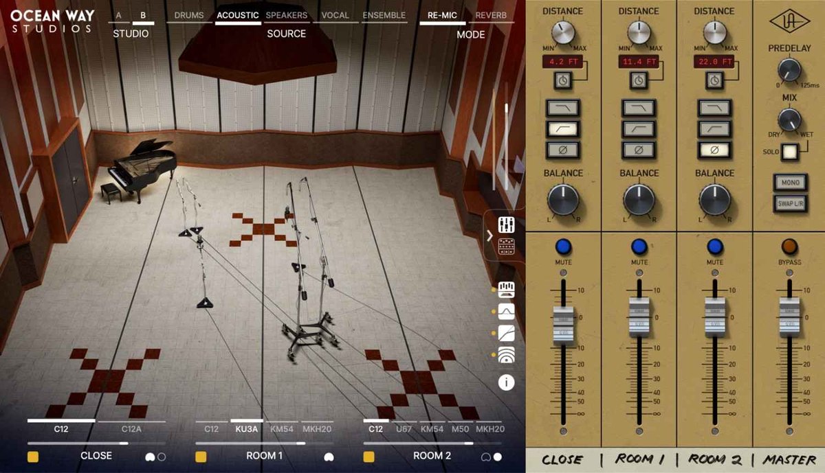 Ocean Way Studios Deluxeの画面。部屋にピアノとマイクが置かれ、右にCLOSE、ROOM 1、ROOM 2、MASTERのミキサーが表示されている