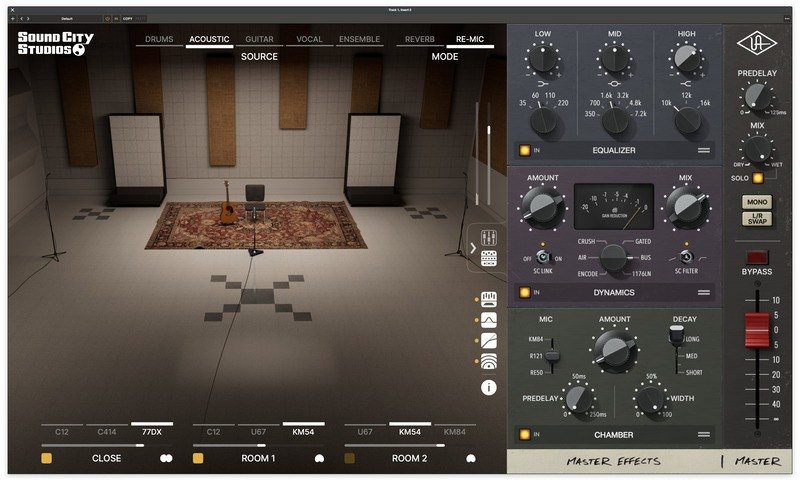 Sound City Studiosの画面。広い部屋にアコースティックギターが置かれ、右にEqualizer、Dynamics、Chamberのパネルが並ぶ