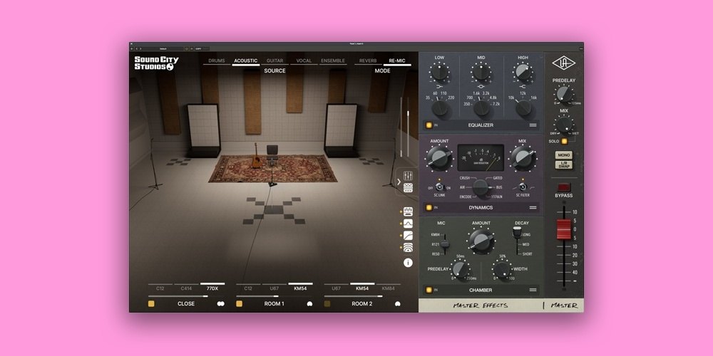 ピンク色の背景に、Sound City Studiosの画面が1つ置かれている