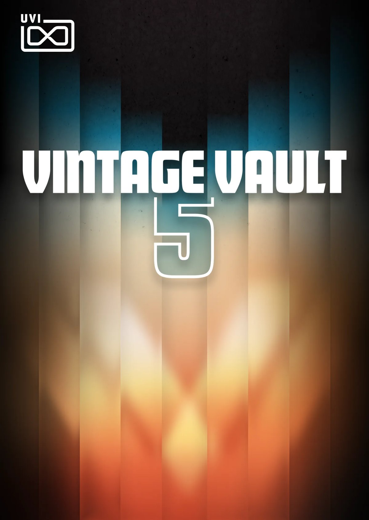 Vintage Vault 5のロゴ。暗い背景に、オレンジと青の縦じまの上に「VINTAGE VAULT 5」と書かれている