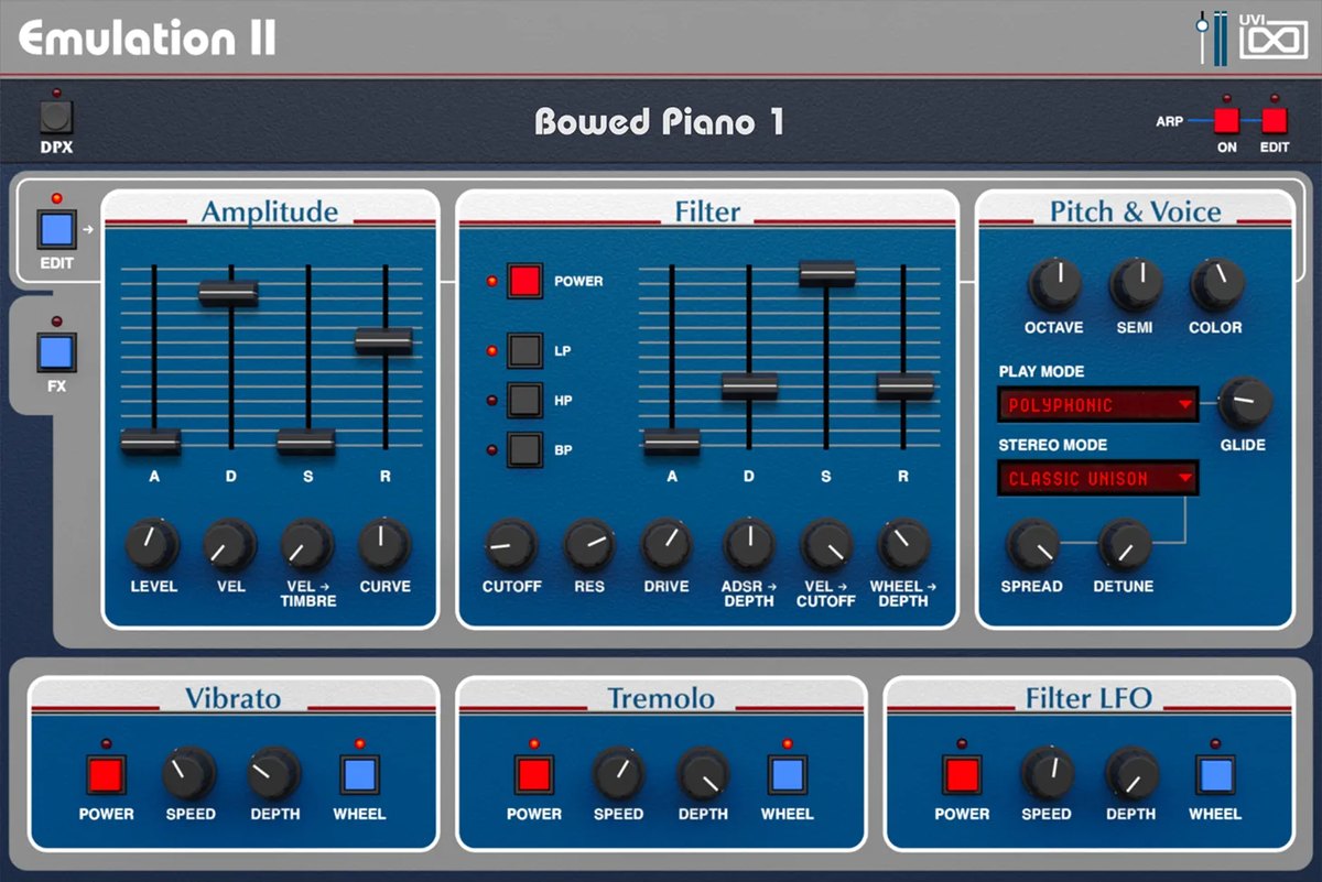 Vintage Vaultに入る音源の画面。プリセット名「Bowed Piano 1」で、Amplitude、Filter、Pitch & Voiceと、Vibrato、Tremolo、Filter LFOの設定が並ぶ
