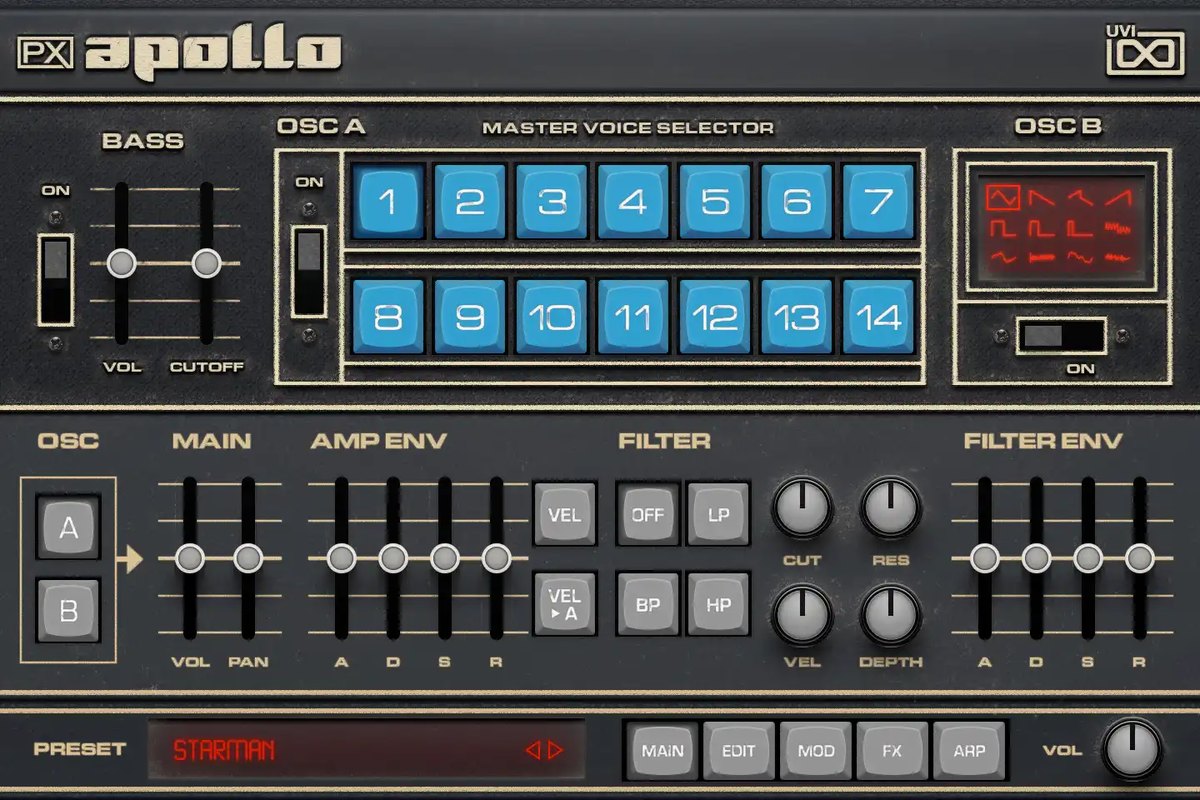 Vintage Vaultに入る音源の画面。OSC AとOSC Bのほか、Amp EnvとFilter Envの設定が並び、プリセット名は「STARMAN」