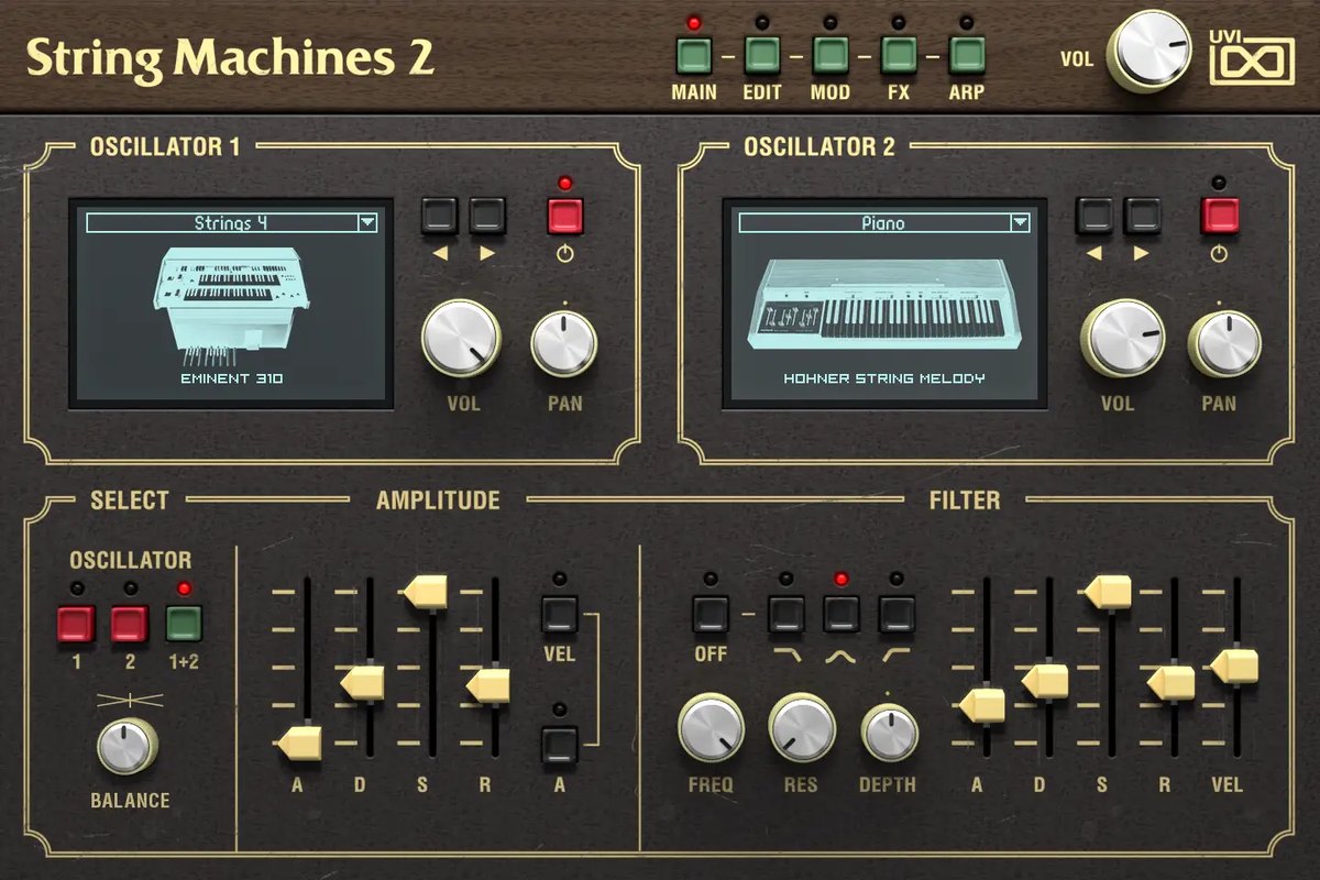 Vintage Vaultに入る音源の画面。Oscillator 1に「Strings 4」、Oscillator 2に「Piano」が表示され、下にAmplitudeとFilterの設定が並ぶ