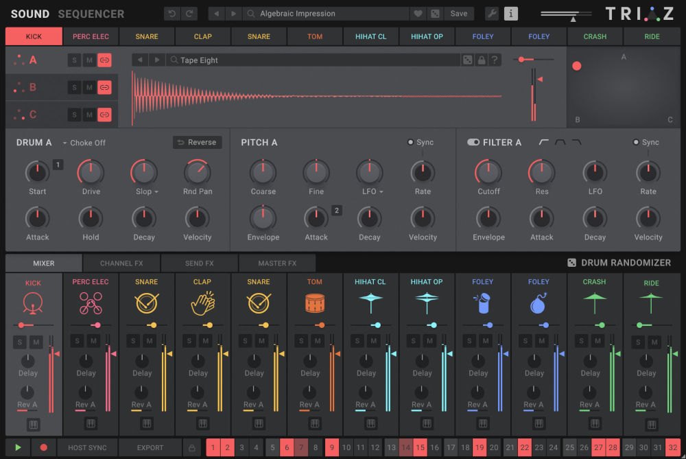 Triazの画面。上に波形、中ほどにDrum A、Pitch A、Filter Aのつまみ、下に12トラックのミキサーが並ぶ