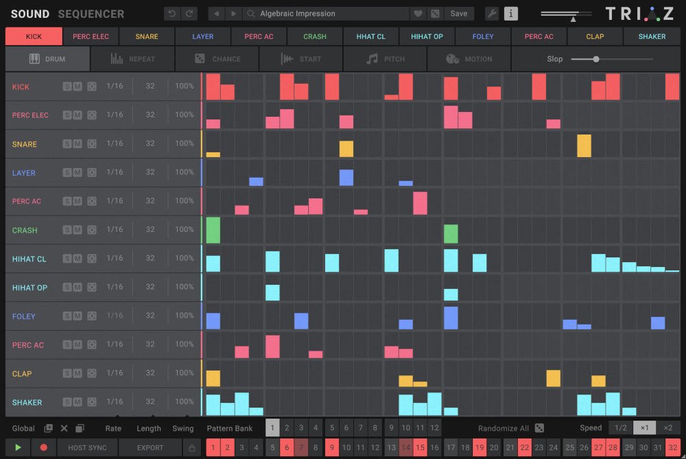 Triazのシーケンサーの画面。KICK、SNARE、CLAP、HIHATなどのトラックごとに、色付きのステップが並ぶ