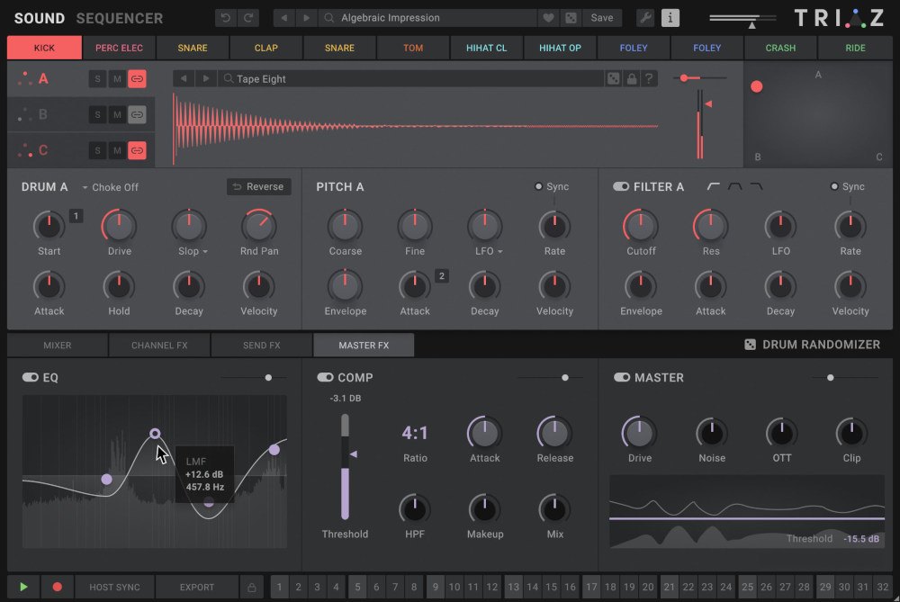 TriazのMASTER FXの画面。EQ、COMP、MASTERの設定が表示されている