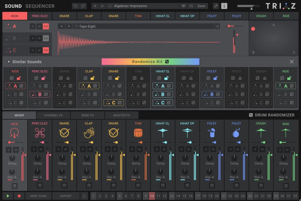 TriazのDrum Randomizerの画面。Similar Sounds、Randomize Kitのボタンが表示されている