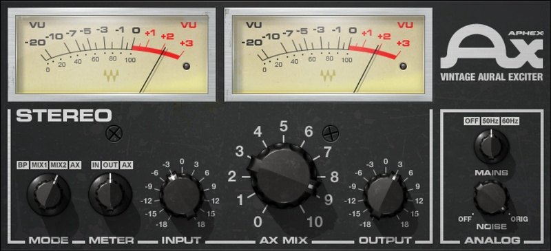 Aphex Vintage Aural Exciterの画面。上に2つのVUメーター、下にMode、Meter、Input、Ax Mix、Output、Mains、Noiseのつまみが並ぶ