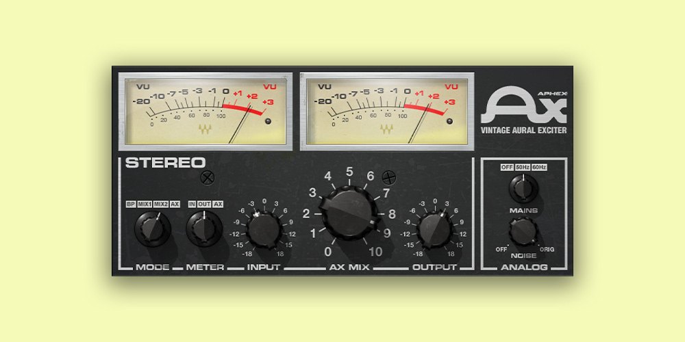薄い黄色の背景に、Aphex Vintage Aural Exciterの画面が1つ置かれている