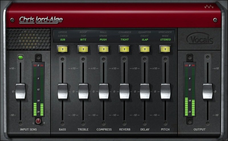 CLA Vocalsの画面。Input Sensのフェーダー、Bass、Treble、Compress、Reverb、Delay、Pitchの6つのフェーダー、Outputのフェーダーが並ぶ