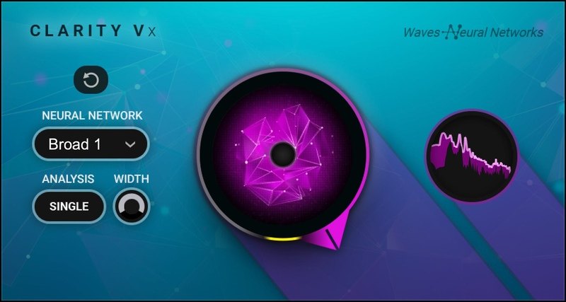 Clarity Vxの画面。左にNeural Network(Broad 1)とAnalysis、Widthのつまみ、中央に紫色の丸い表示、右に周波数の表示がある