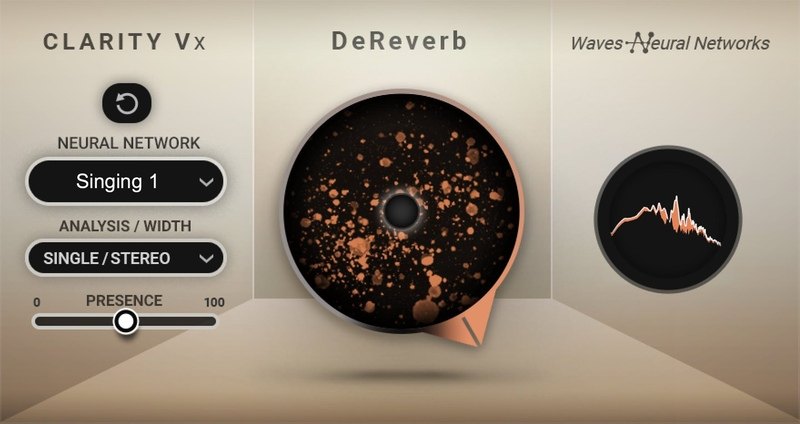 Clarity Vx DeReverbの画面。左にNeural Network（Singing 1）とAnalysis/Width、Presenceのスライダー、中央に大きな丸い表示、右に周波数の表示がある