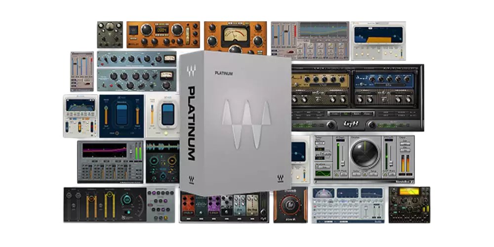 Waves Platinumの箱と、多くのプラグインの画面が並んだ画像