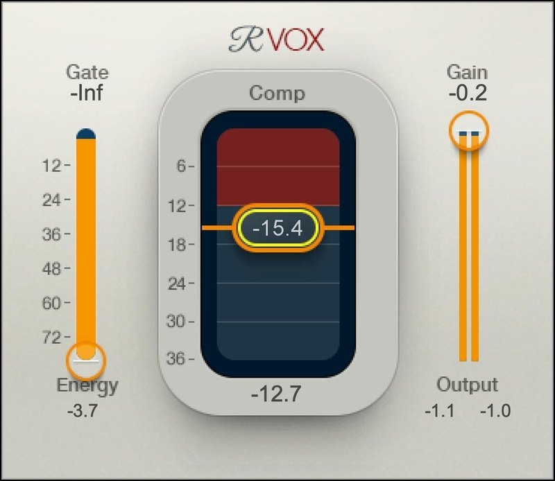 R-Voxの画面。左にGateのスライダー、中央にCompのメーター、右にGainのスライダーとOutputの表示が並ぶ