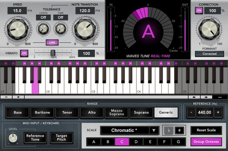 Waves Tune Real-Timeの画面。上にSpeed、Tolerance、Note Transition、中央にピッチのメーター(A)、右にCorrection、下に鍵盤、Range、Reference、Scaleが並ぶ