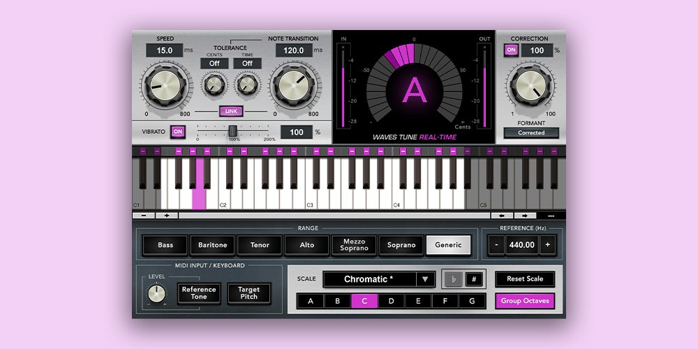 薄紫色の背景に、Waves Tune Real-Timeの画面が1つ置かれている