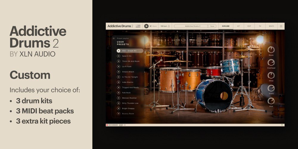 Addictive Drums 2 Customの案内画像。3つのドラムキット、3つのMIDIビートパック、3つの追加キットピースが含まれると書かれ、右にドラム音源の画面が写っている