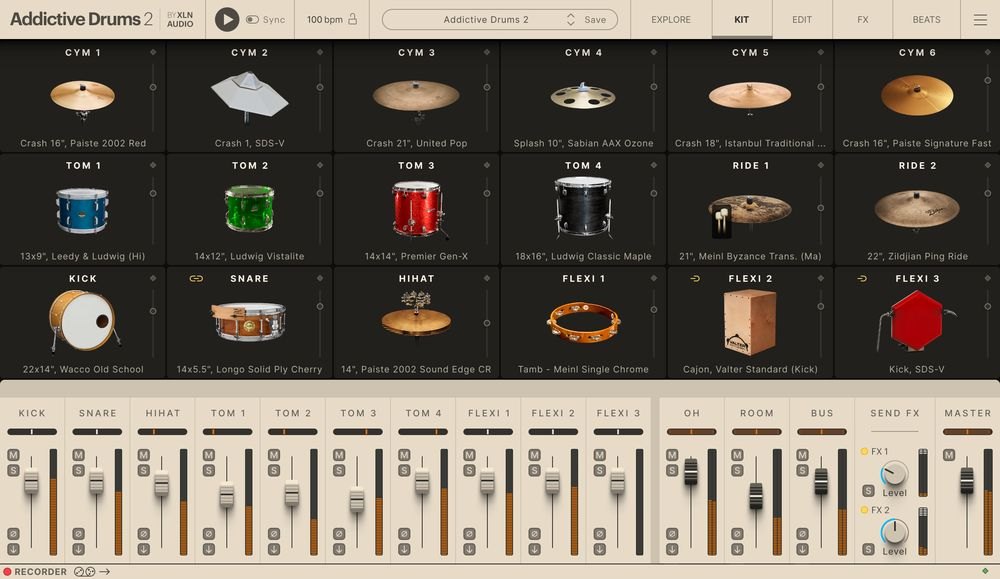 Addictive Drums 2のKITの画面。シンバル、タム、キック、スネア、ハイハットなどのパーツの一覧と、下にミキサーが並ぶ