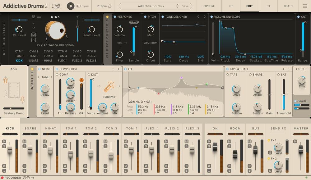 Addictive Drums 2のEDITの画面。キックを選び、Response、Pitch、Tone Designer、Volume Envelope、Comp & Dist、EQ、Tape & Shapeの設定が並ぶ