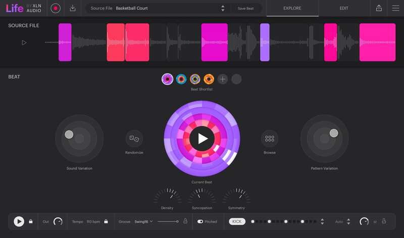 Lifeで、別の音源ファイルを読み込んだEXPLOREの画面。紫色の丸いビートの図が表示されている