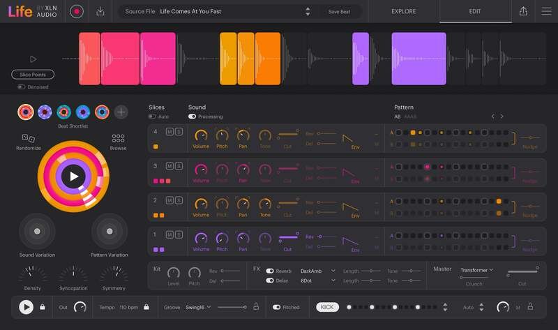LifeのEDITの画面。スライス、サウンド、パターンの設定が4つのレーンに並ぶ