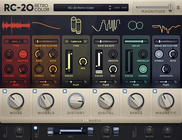 The RC-20 Retro Color interface with six effect modules: Noise, Wobble, Distort, Digital, Space and Magnetic