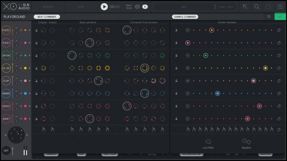 XOのBEAT COMBINERとSAMPLE COMBINERの画面。ビートのパターンと、似たサンプルが丸い印で並ぶ
