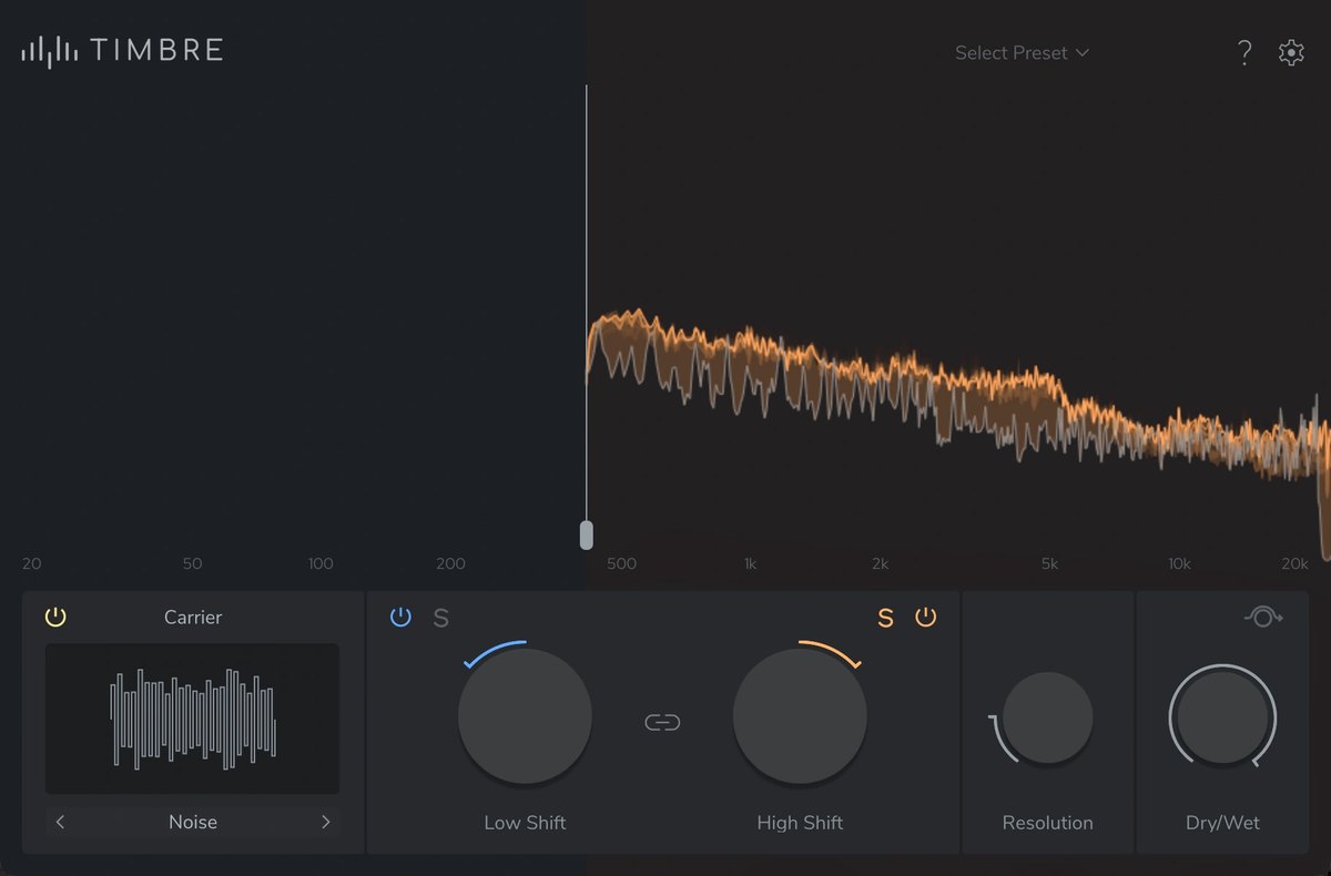 TIMBREの画面。High Shift側（オレンジ）だけが使われ、左側のスペクトラムは空になっている