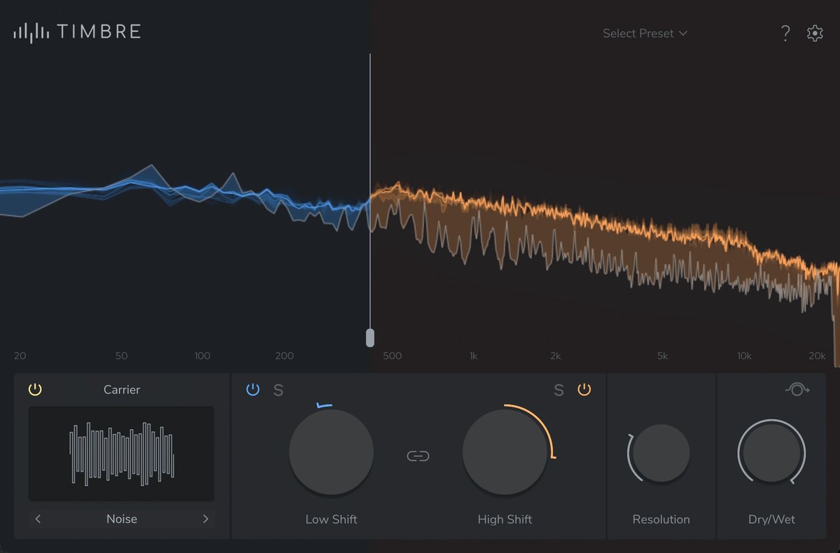 TIMBREの画面。Carrierに「Noise」が選ばれ、High Shiftのつまみが大きく回っている