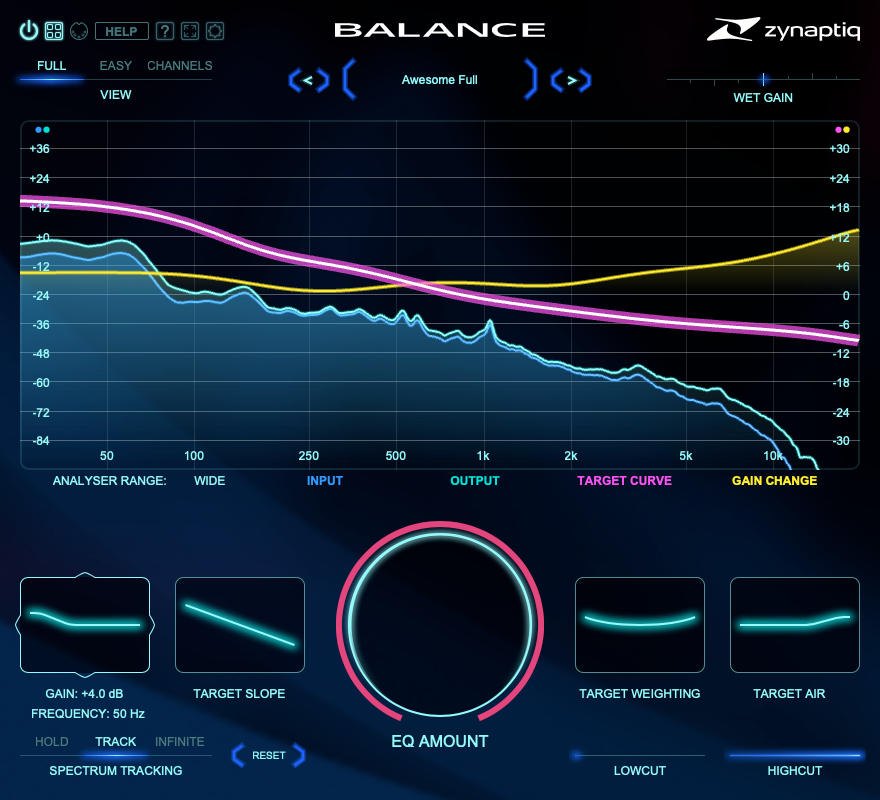 BALANCEの画面。上にスペクトラムの表示（Input、Output、Target Curve、Gain Change）、下にEQ Amountの丸いつまみと、Target Slope、Target Weighting、Target Airが並ぶ