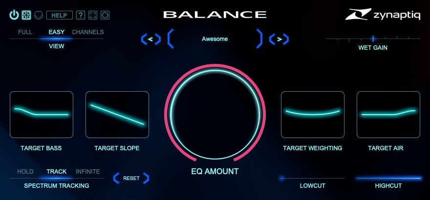 BALANCEのEASY表示。中央にEQ Amountの丸いつまみがあり、左右にTarget Bass、Target Slope、Target Weighting、Target Airが並ぶ